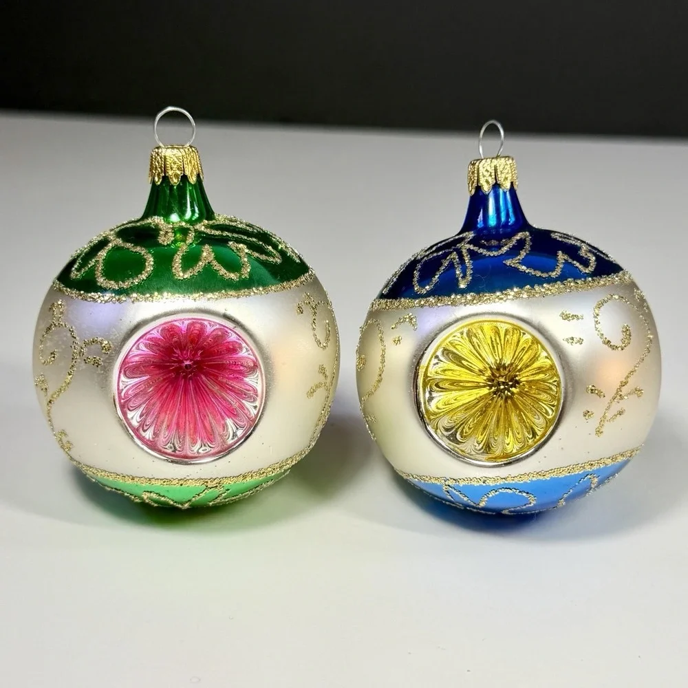 VTG Columbia Mercury Glass Triple Reflector Christmas Ornaments Set of 2 MCM